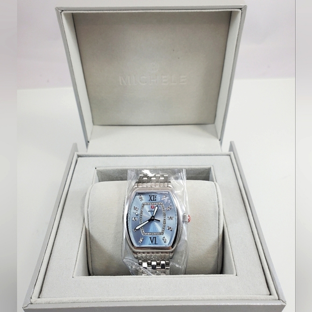 Michele Silver-Tone Watch with Blue Dial and Crystal Accents - Picture 2 of 13
